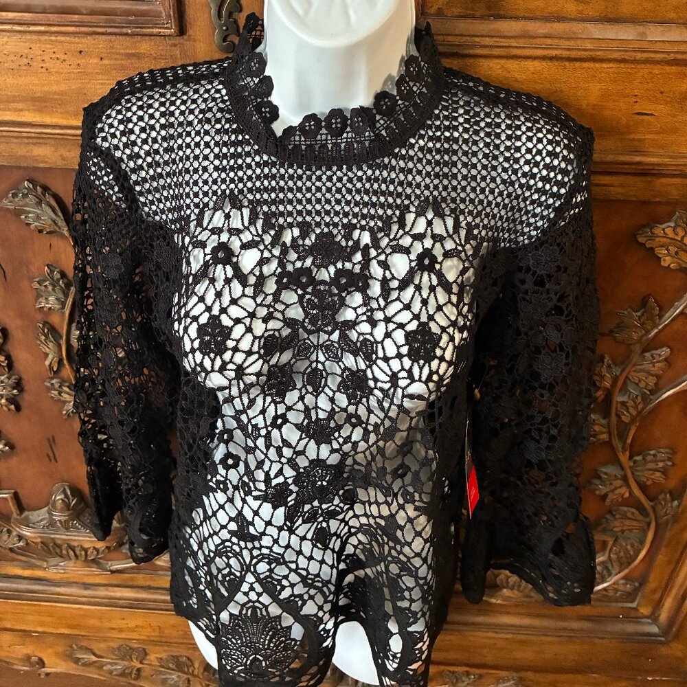 NWT Bold Element Lace Blouse Crochet Top Black Gold Zip Size Medium, Whimsigoth.